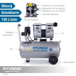 Hyundai 55754 Stille Compressor - 30L - 8bar -Winkel Voor Huishoudelijk Gereedschap 3fc2b69a662f6c59c217c7d9e9d0654b